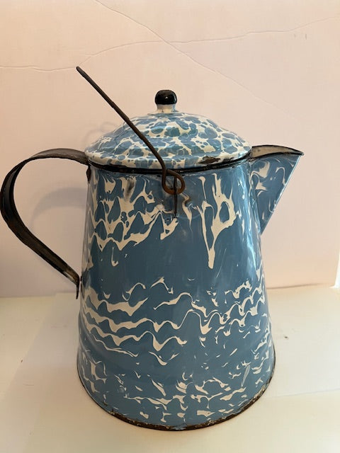 Antique Blue & White Swirl Graniteware Splatterware 2-Gallon Coffee Pot with Lid