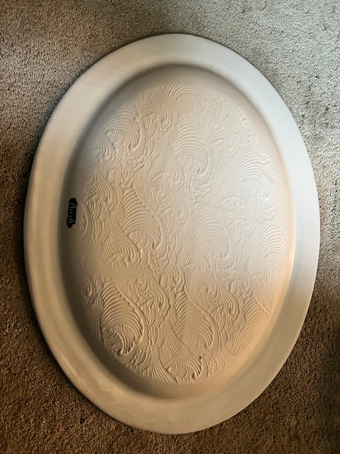 ANJA Signed Ceramic Whale Platter with Gold Ships - Oval Art Plate 15" x 11.5"