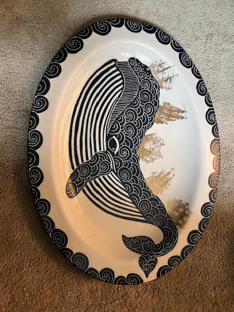 ANJA Signed Ceramic Whale Platter with Gold Ships - Oval Art Plate 15" x 11.5"