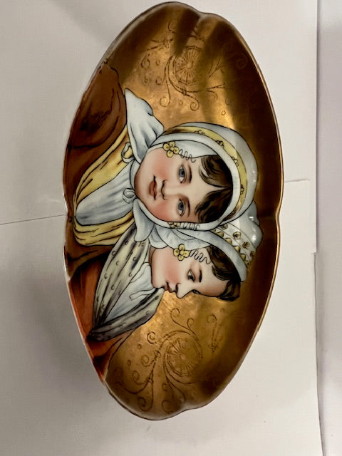 Antique Hand-Painted Gold Portrait Ring Dish / Small Plate - Two Young Women