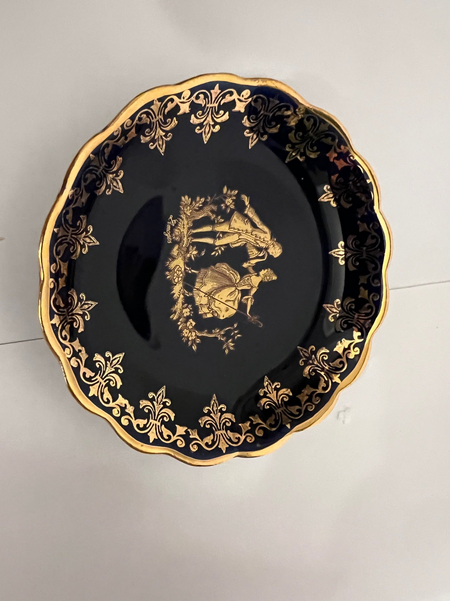 Limoges France Cobalt Blue & Gold Porcelain Small Dish - Courting Couple