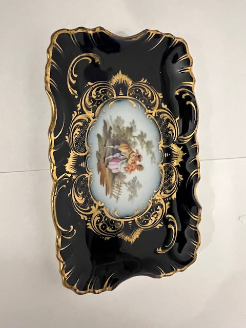 Antique Dresden Porcelain Ring/Dresser Tray - Cobalt Navy & Gold, Hand-Painted Courting Couple