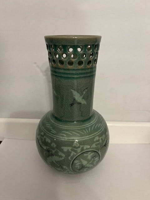 Vintage Korean Celadon Vase with Cranes, Reticulated Neck, Signed