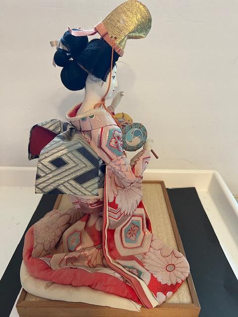Vintage Japanese Geisha Doll with Tsuzumi Drum on Wood Stand - Made in Japan