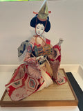 Vintage Japanese Geisha Doll with Tsuzumi Drum on Wood Stand - Made in Japan