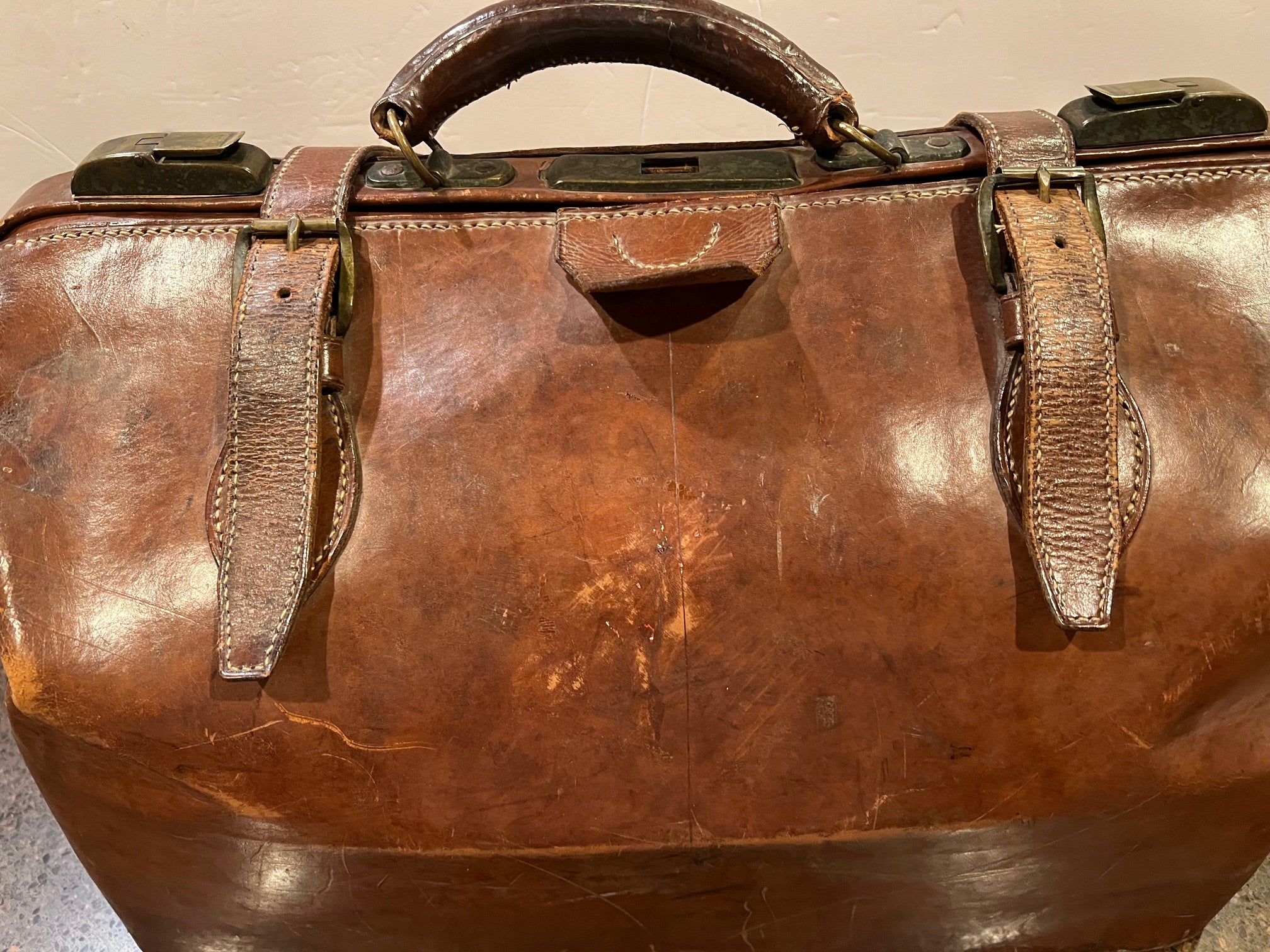 Antique Brown Leather Doctor's Bag with Brass Latches - Rare Original