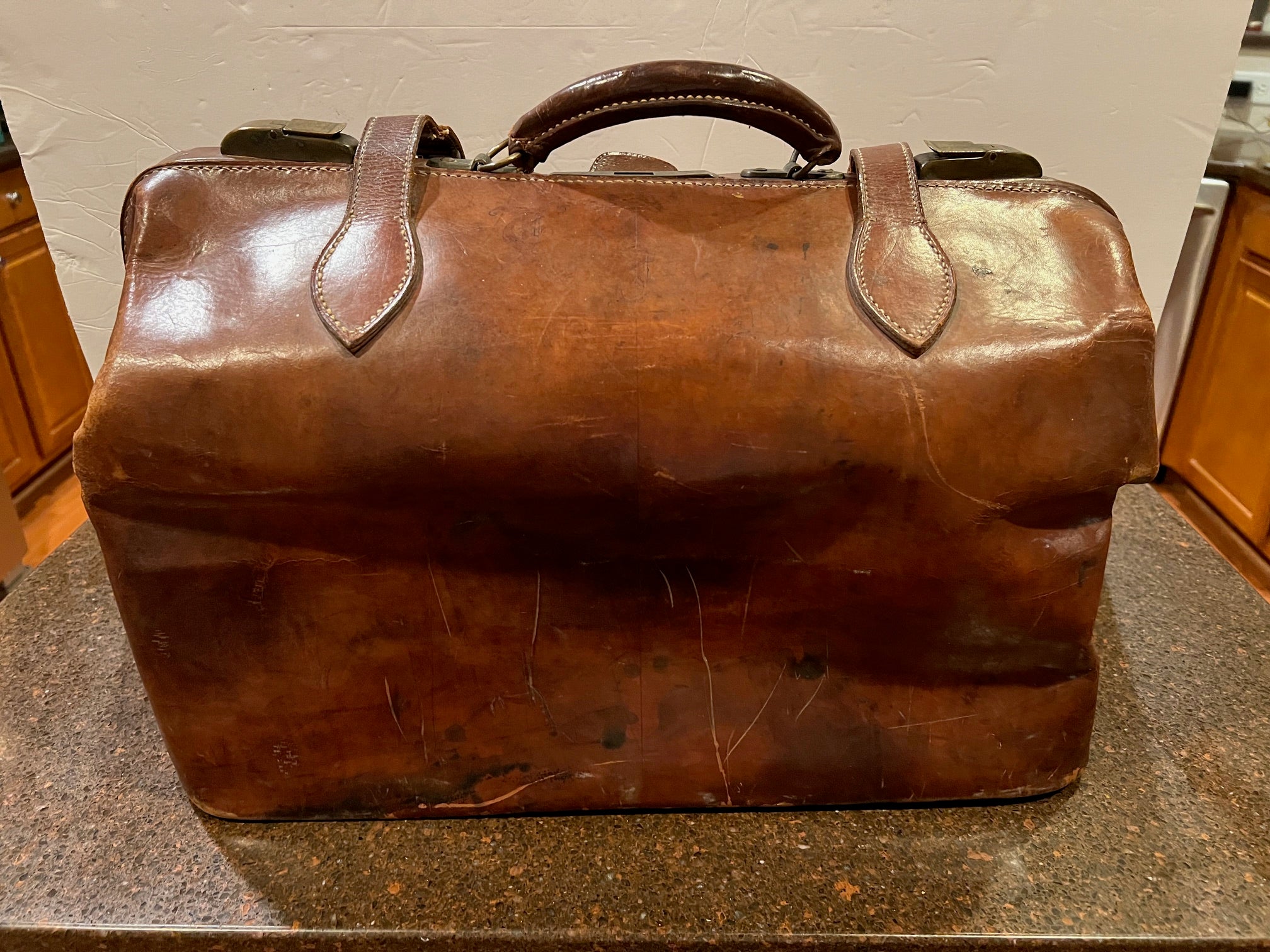 Antique Brown Leather Doctor's Bag with Brass Latches - Rare Original