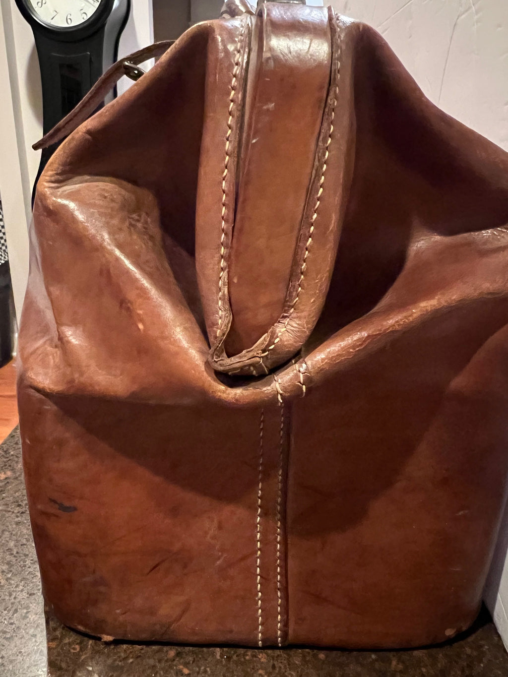Antique Brown Leather Doctor's Bag with Brass Latches - Rare Original