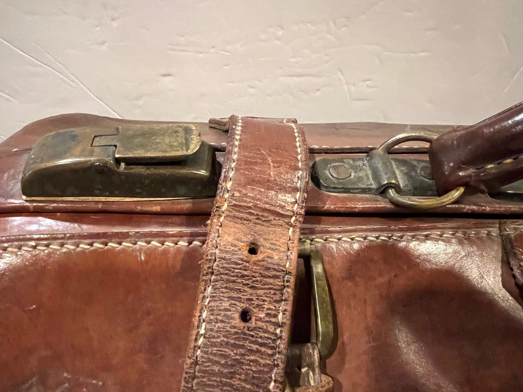 Antique Brown Leather Doctor's Bag with Brass Latches - Rare Original