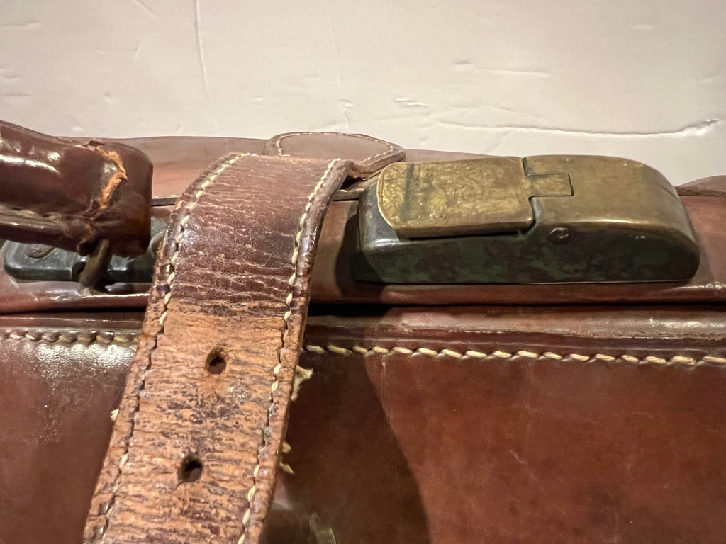 Antique Brown Leather Doctor's Bag with Brass Latches - Rare Original