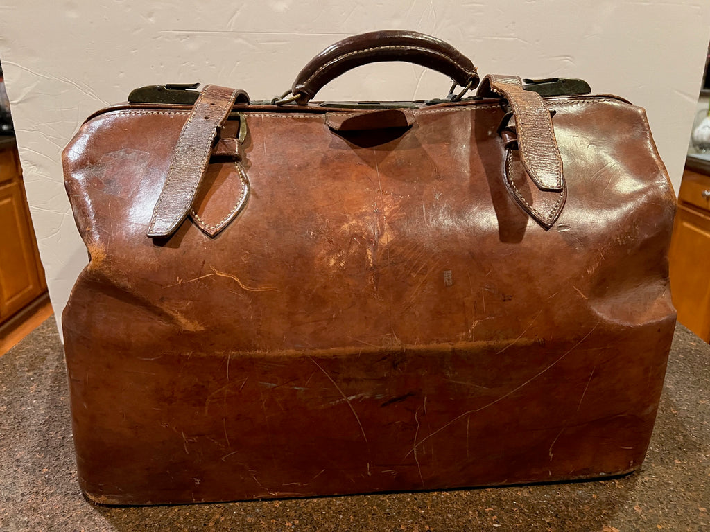 Antique Brown Leather Doctor's Bag with Brass Latches - Rare Original