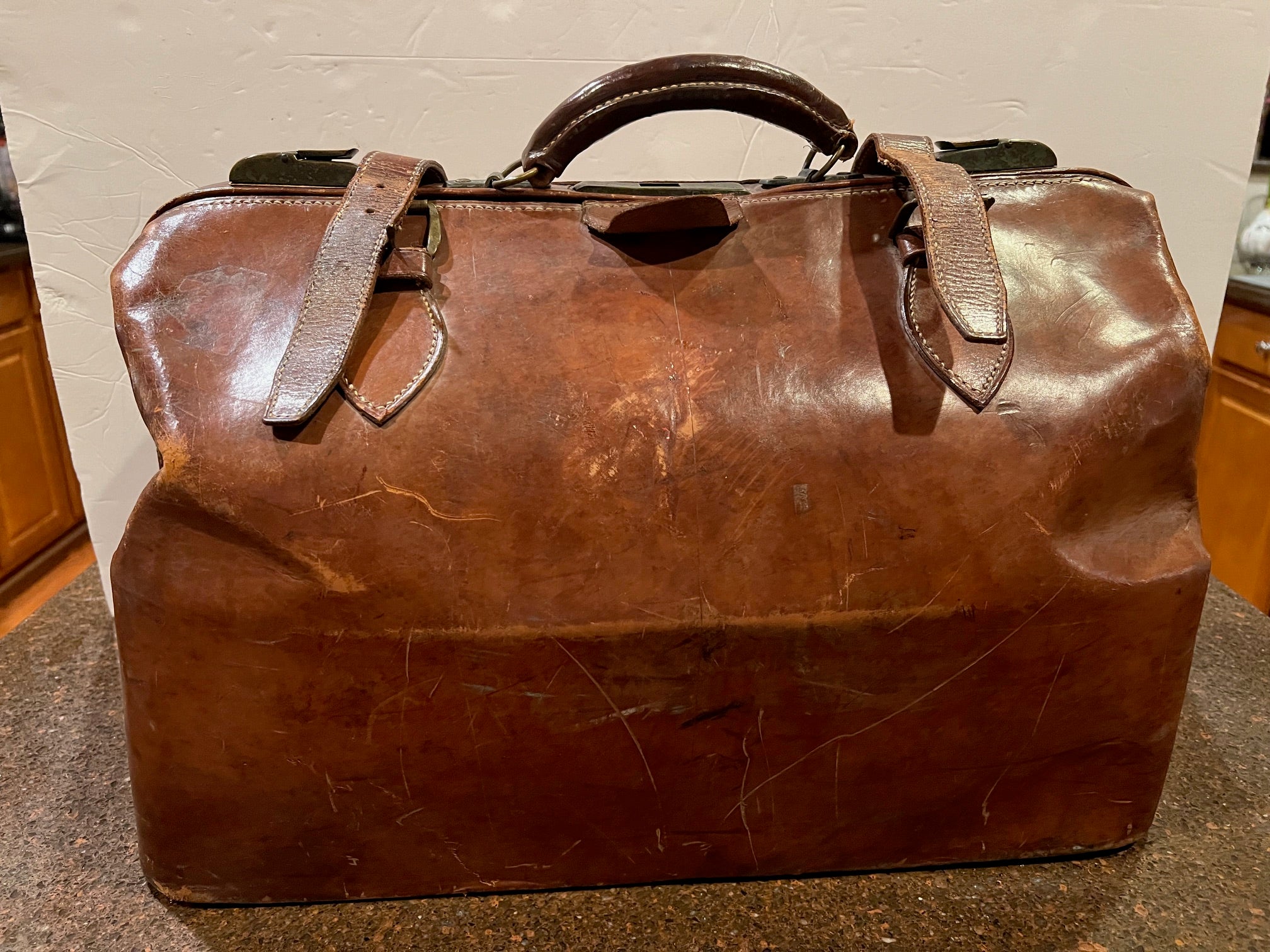 Antique Brown Leather Doctor's Bag with Brass Latches - Rare Original