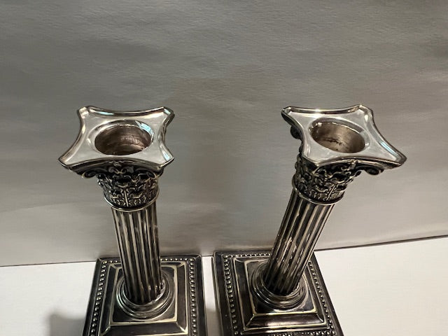 Antique Gorham Silver Soldered Neoclassical Corinthian Column Candlesticks - Pair