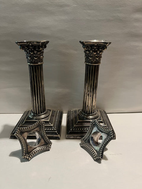 Antique Gorham Silver Soldered Neoclassical Corinthian Column Candlesticks - Pair
