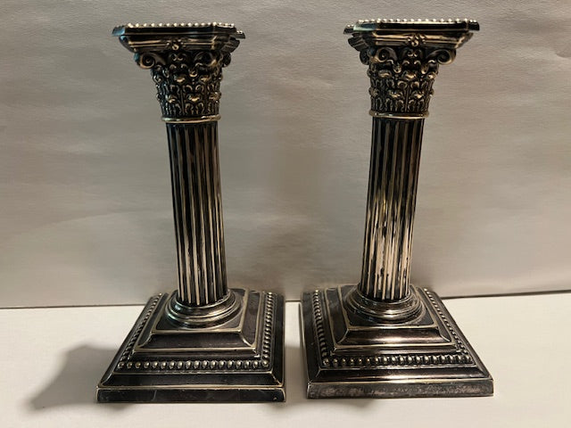Antique Gorham Silver Soldered Neoclassical Corinthian Column Candlesticks - Pair