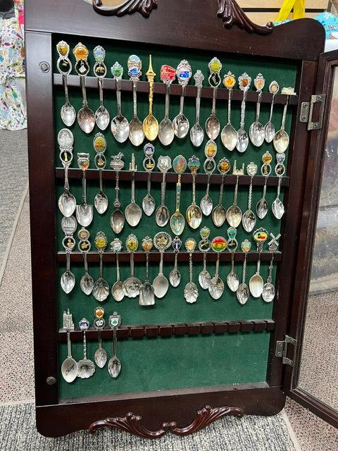 Vintage Souvenir Spoon Collection (49 Spoons) with Wood & Glass Display Cabinet