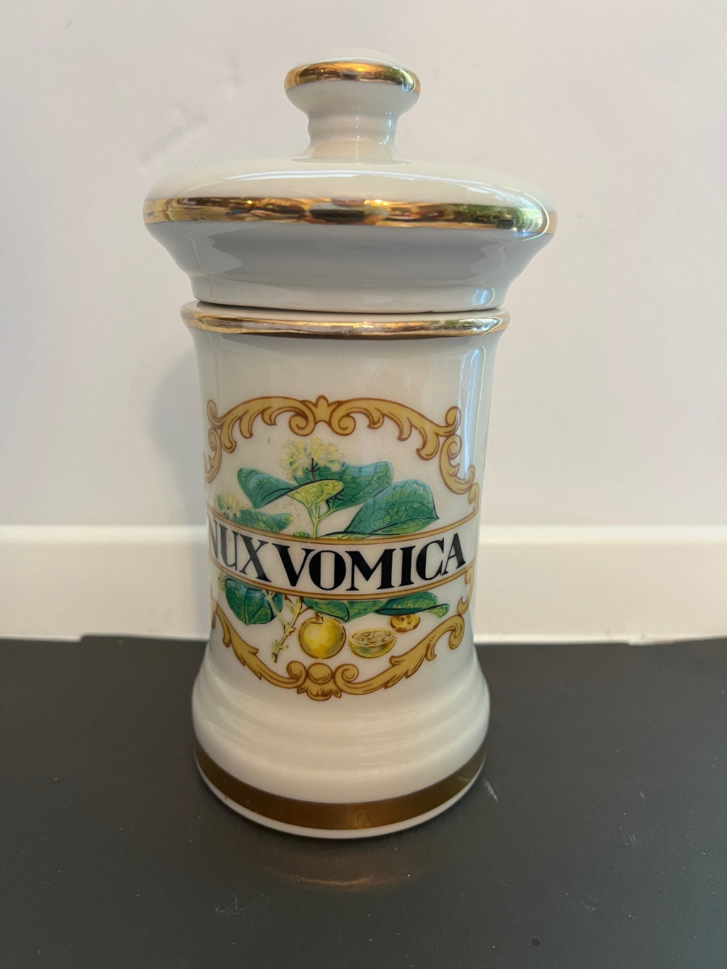 Vintage "Nux Vomica" Ceramic Apothecary Jar with Lid — Gold Trim