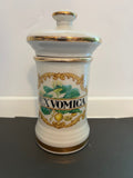 Vintage "Nux Vomica" Ceramic Apothecary Jar with Lid — Gold Trim