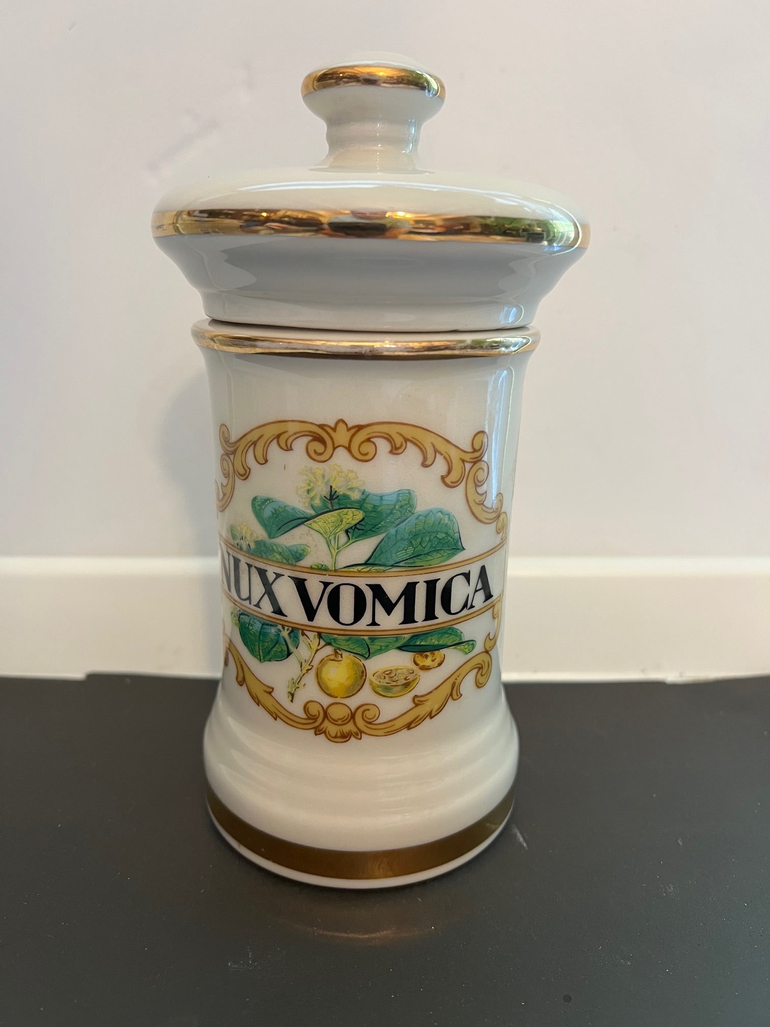 Vintage "Nux Vomica" Ceramic Apothecary Jar with Lid — Gold Trim