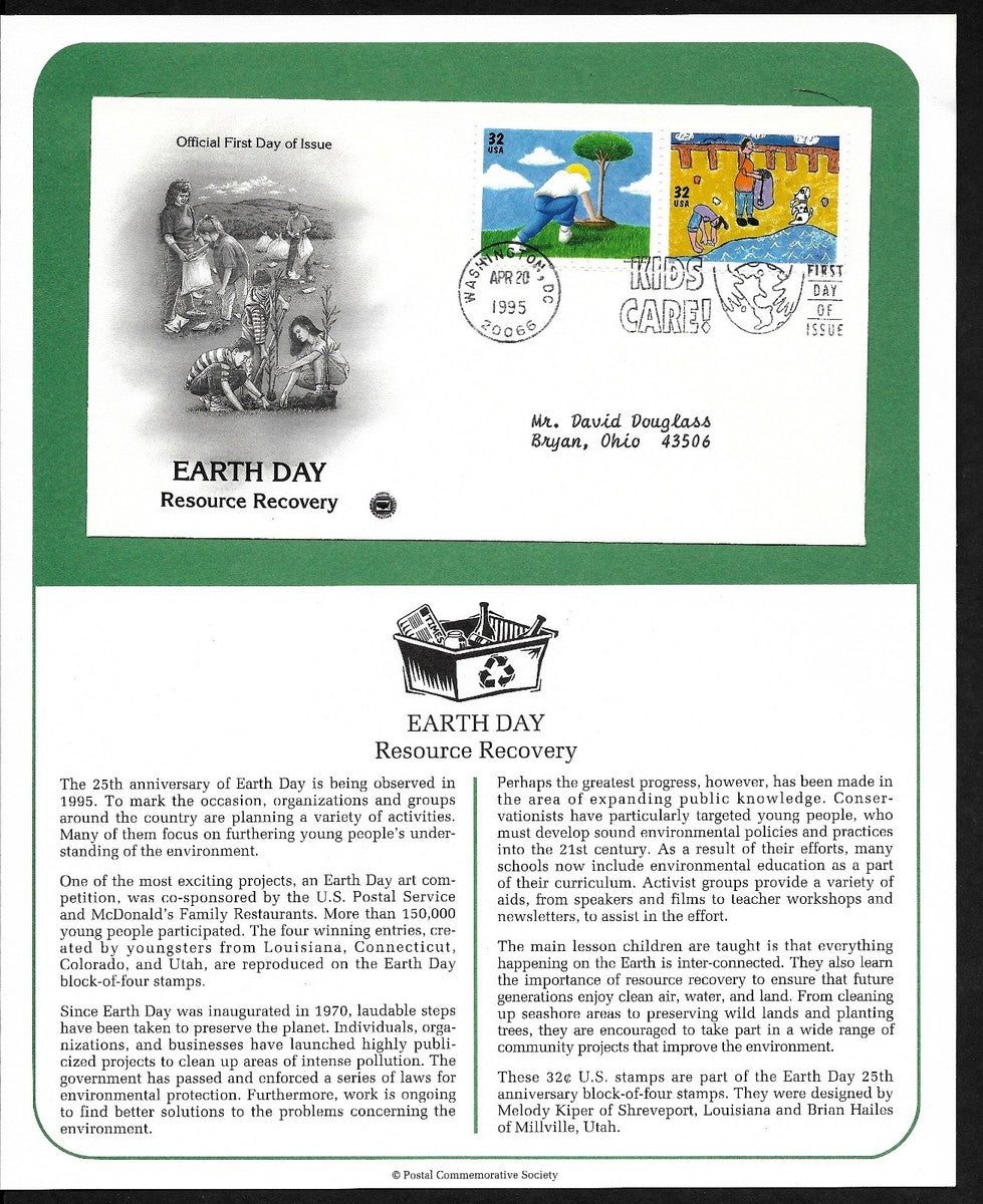 1995 Earth Day "Resource Recovery" First Day Cover - April 20, 1995 Washington DC