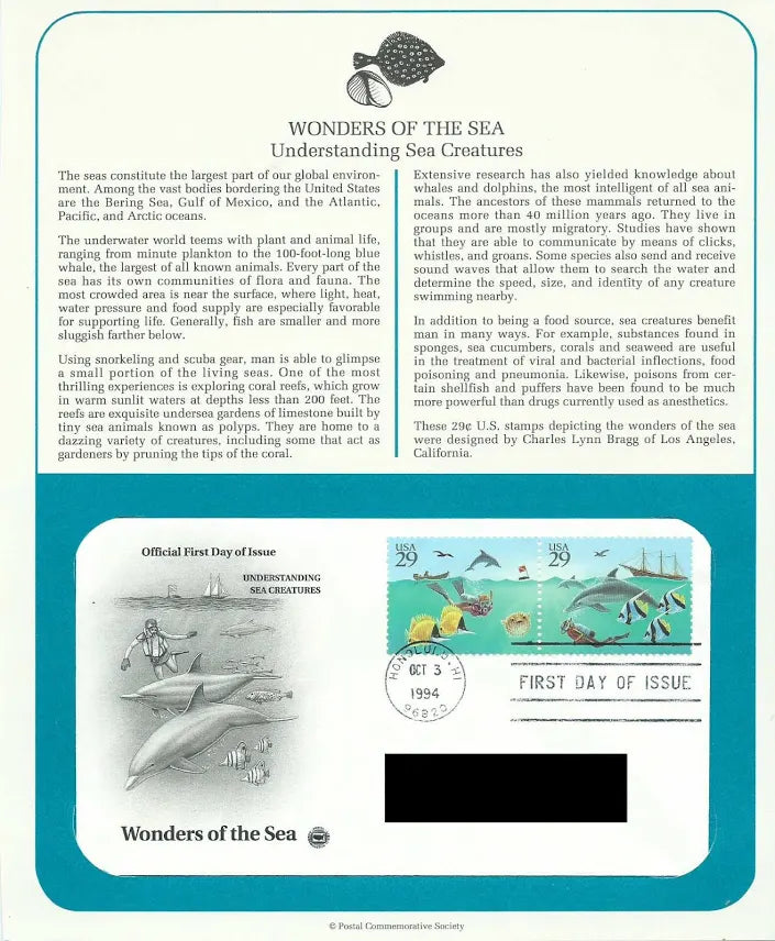 Wonders of the Sea 1994 First Day of Issue Cover - 29c US Stamps Panel