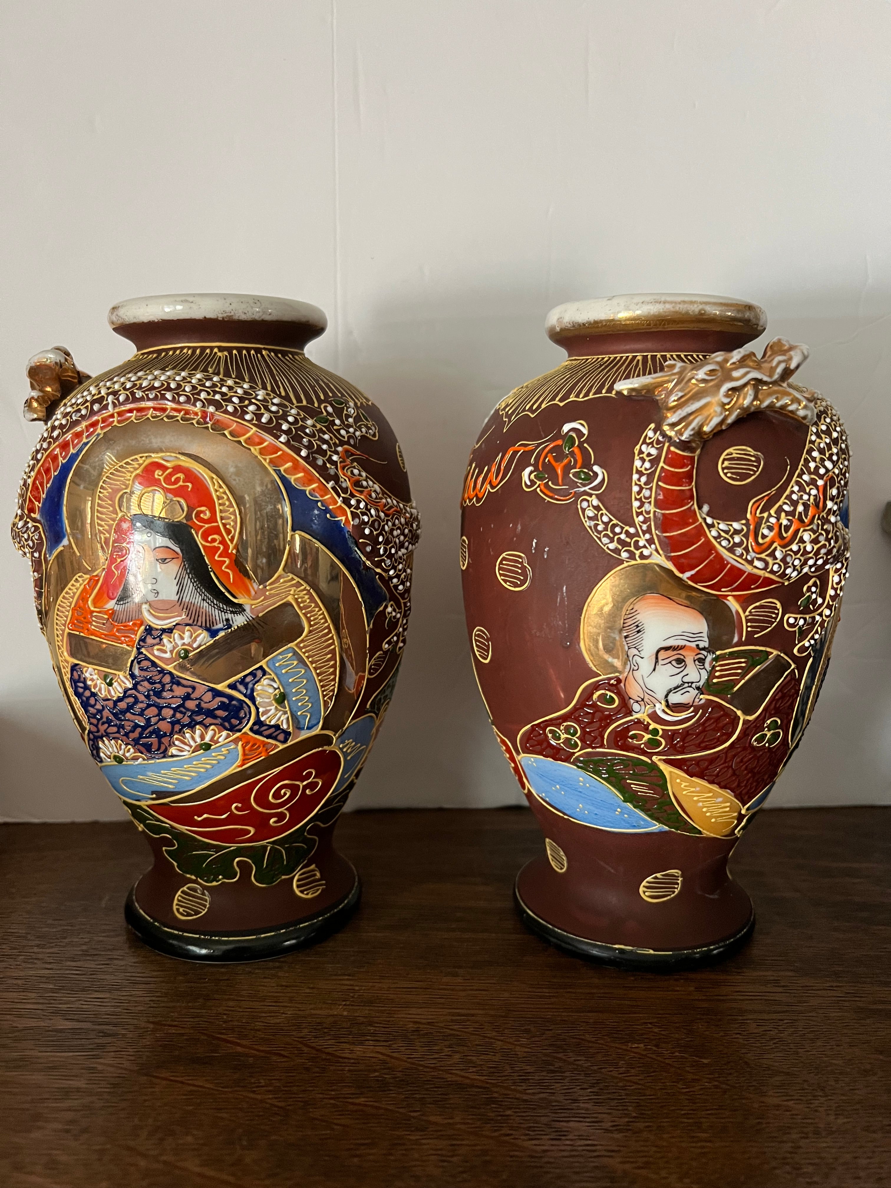 Pair of Vintage Satsuma Moriage Dragon Vases - Hand Painted, Made in Japan, 7 1/4"