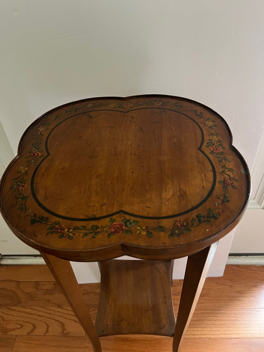 Antique Solid Cherry Plant Stand / Side Table with Hand-Painted Floral Top