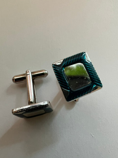 Vintage 1970s Sapphire Blue & Silver Tone Square Cufflinks