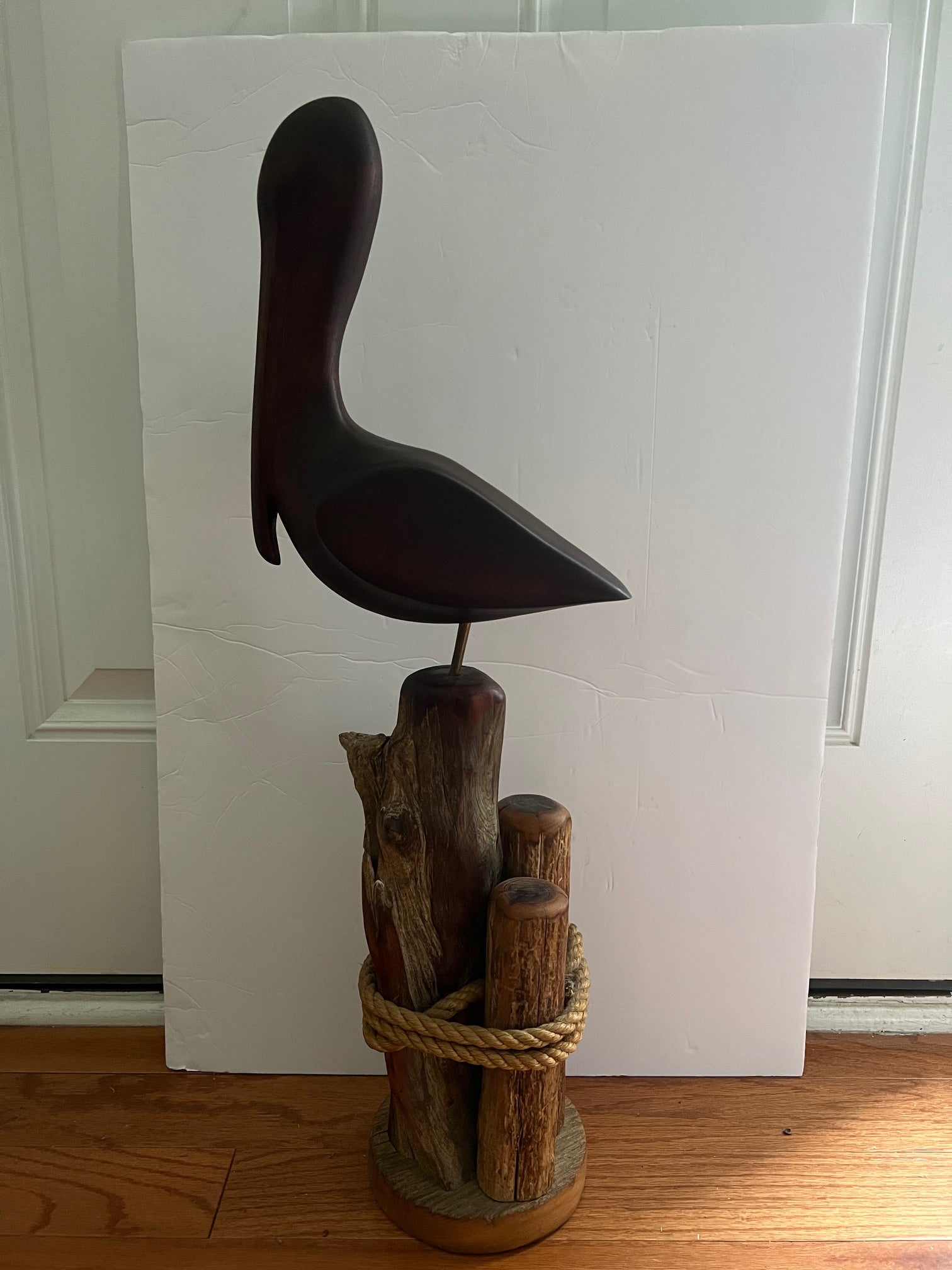 Hand-Carved Wooden Pelican on Piling Statue - Coastal Folk Art (Ogunquit, Maine, 1970s)