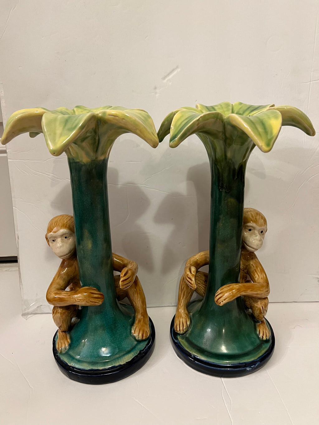Vintage Hand-Painted Ceramic Monkey Palm Tree Candle Holders - Pair