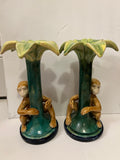 Vintage Hand-Painted Ceramic Monkey Palm Tree Candle Holders - Pair