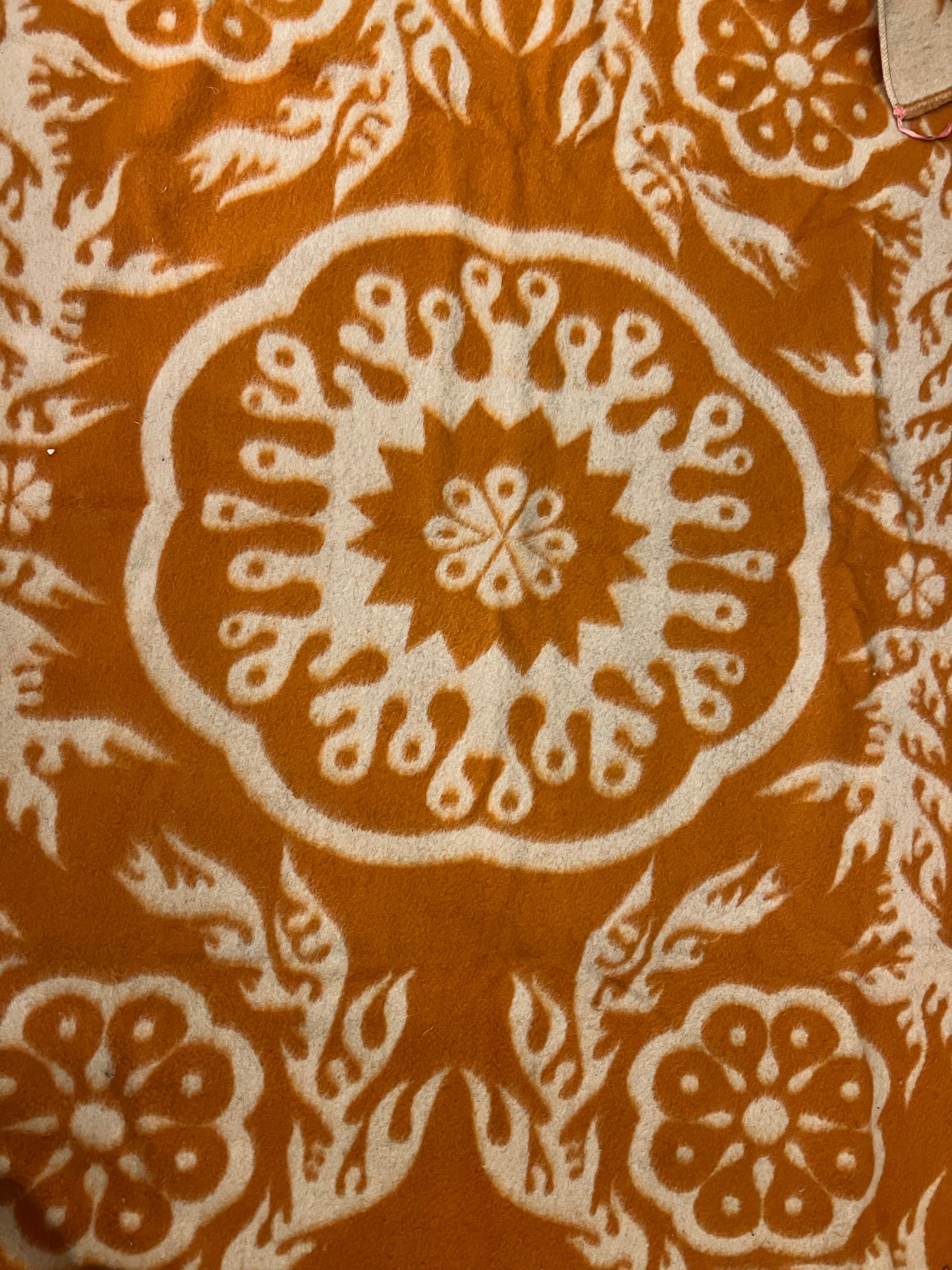 Antique Heavy Wool Jacquard Reversible Blanket - Rust Orange & Cream Suzani Floral