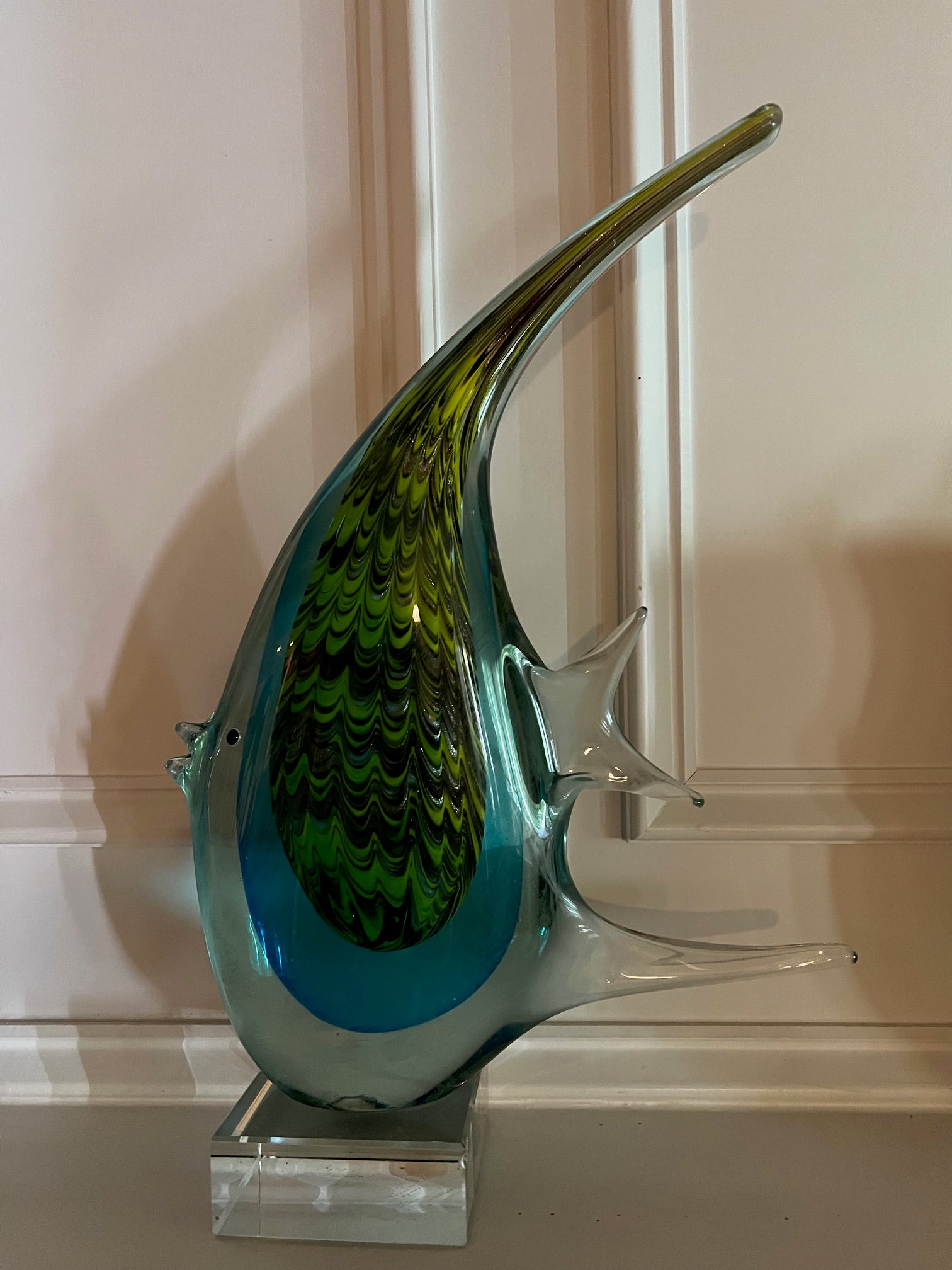 Large Badash Hand-Blown Art Glass Angelfish Sculpture on Clear Base