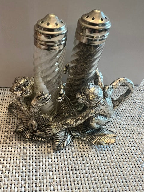 Arthur Court 1998 Monkey Salt & Pepper Shaker Set with Metal Stand