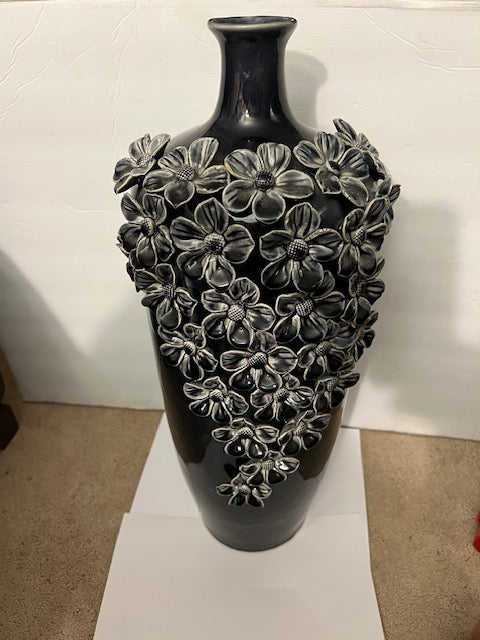 20" Dark Blue Porcelain Vase with Applied White Floral Design