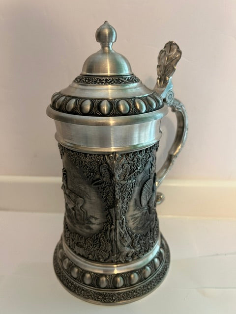 European Pewter Beer Stein with Deer & Turkey Relief - 97% Tin, Mint Condition