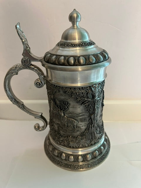 European Pewter Beer Stein with Deer & Turkey Relief - 97% Tin, Mint Condition