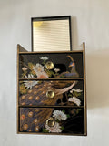 Vintage 1970s Japanese Black Lacquer Peacock Jewelry Box with 3 Drawers & Mirror