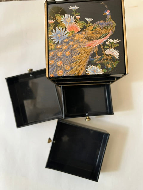 Vintage 1970s Japanese Black Lacquer Peacock Jewelry Box with 3 Drawers & Mirror