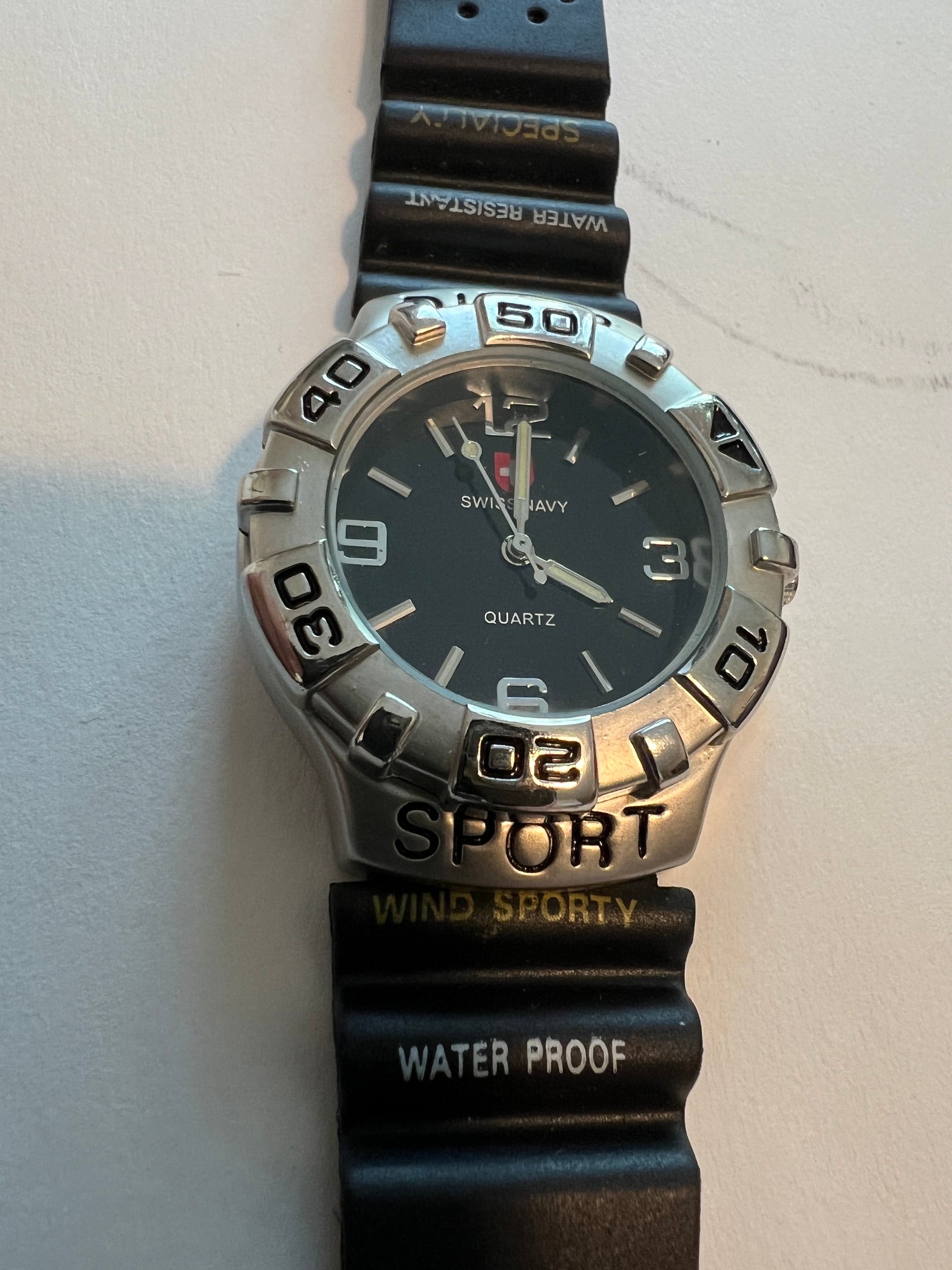 Vintage 1990s Swiss Navy Diver Sport Quartz Watch - Black Dial, Rubber Band