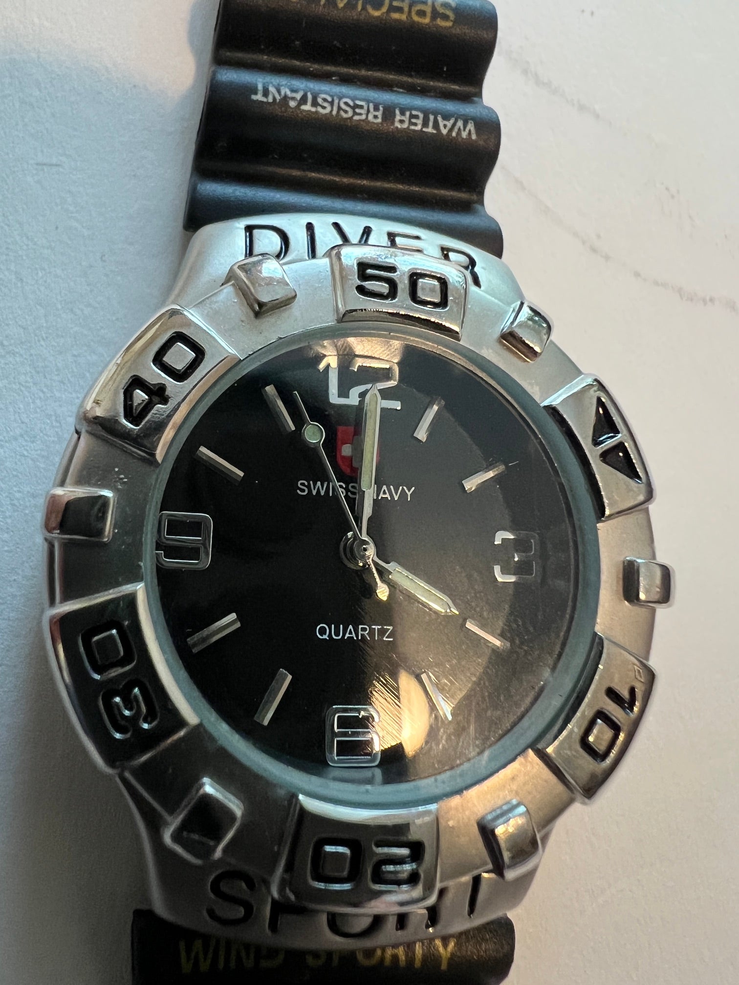 Vintage 1990s Swiss Navy Diver Sport Quartz Watch - Black Dial, Rubber Band