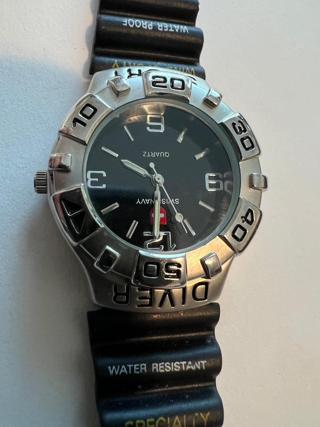 Vintage 1990s Swiss Navy Diver Sport Quartz Watch - Black Dial, Rubber Band