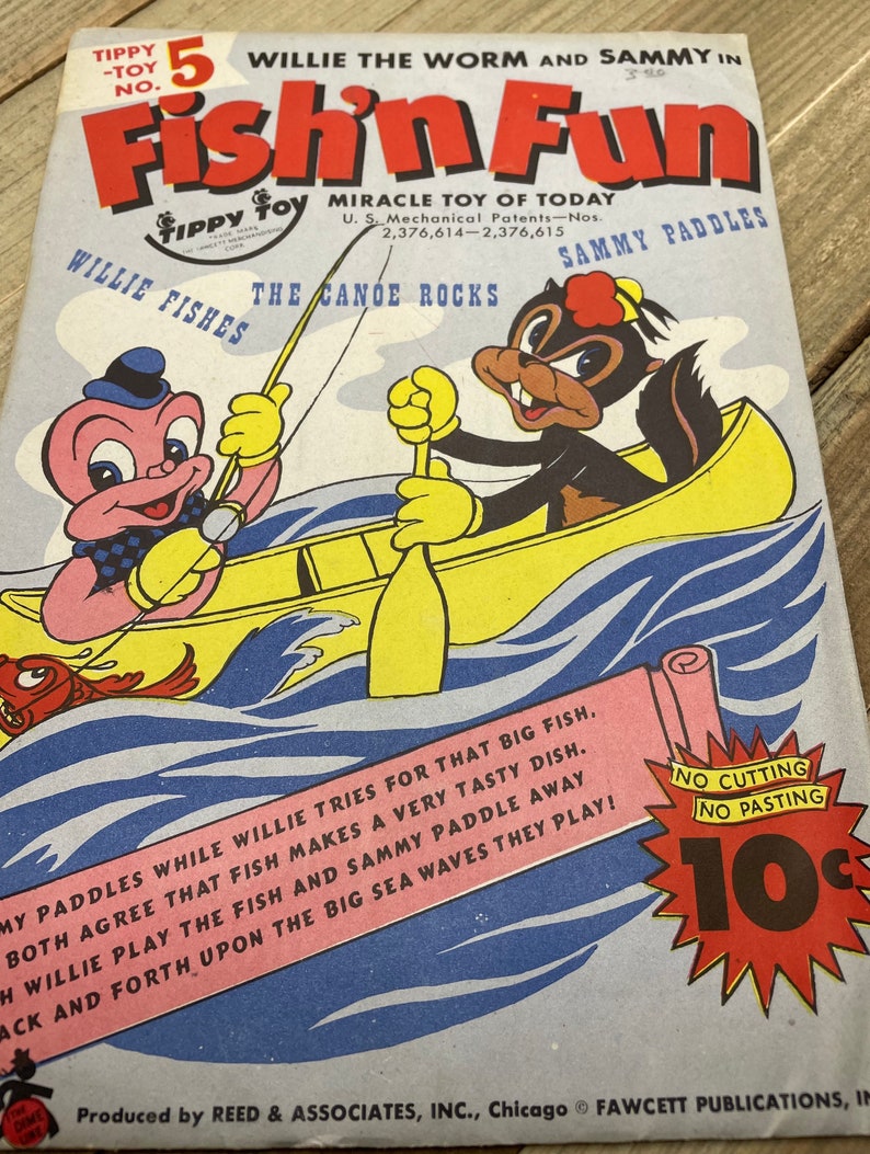 1945 Tippy Toy #5 Willie the Worm and Sammy in Fish'n Fun - Fawcett Punch-Out Paper Toy in Original Envelope