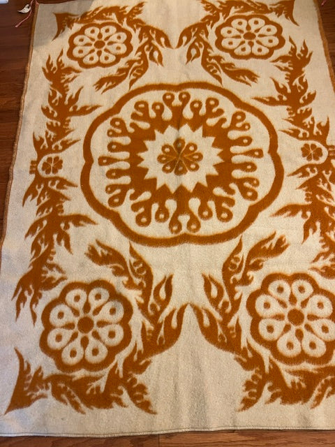 Vintage Moroccan Suzani Reversible Wool Blanket / Wall Hanging - Rust Orange & Cream