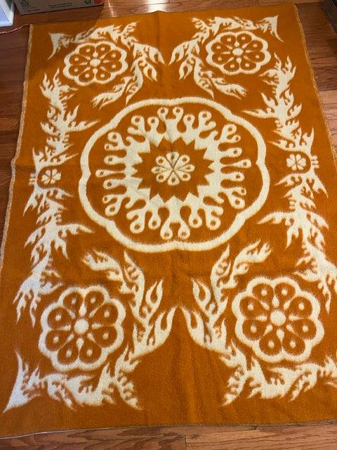 Vintage Moroccan Suzani Reversible Wool Blanket / Wall Hanging - Rust Orange & Cream