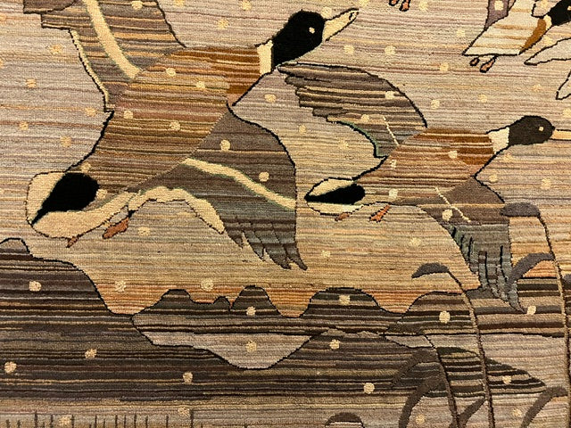 Antique Grenfell Hooked Rug "Mallards in Flight" — Labrador Industries, ca. 1890-1930