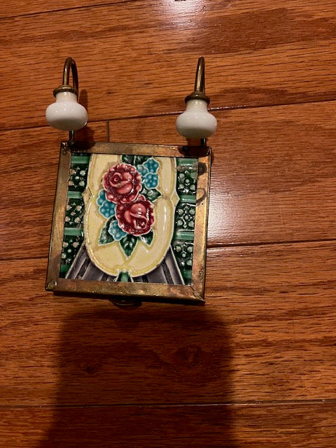 Vintage English Majolica Tile Small Coat Rack Hanger (c. 1900-1940)