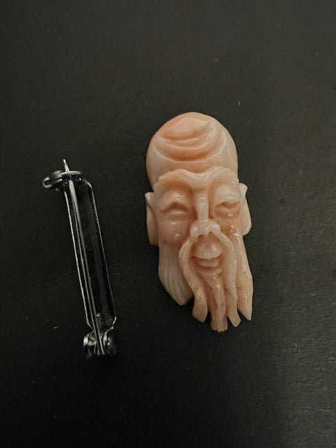 Antique Angel Skin Coral Carved Chinese Confucius Figural Pinback Brooch