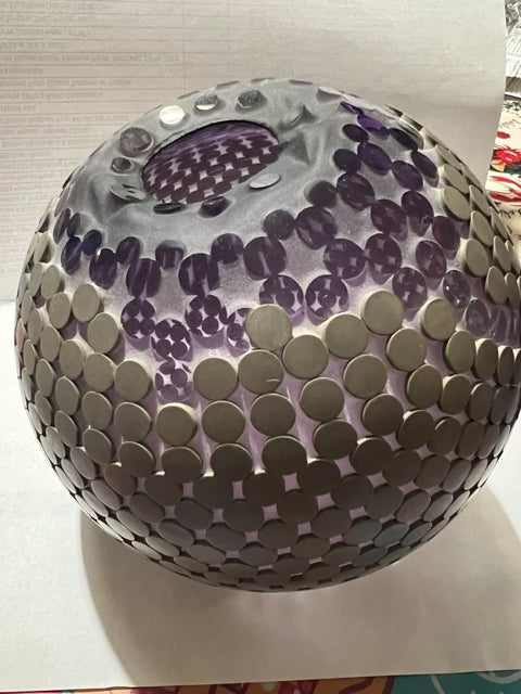 Hand Blown Amethyst Purple Glass Orb Vase with Rubberized Dots & Glass Pedestal