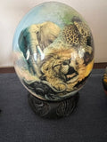 Decoupage Ostrich Egg - African Big 5 Animals with Carved Wooden Stand
